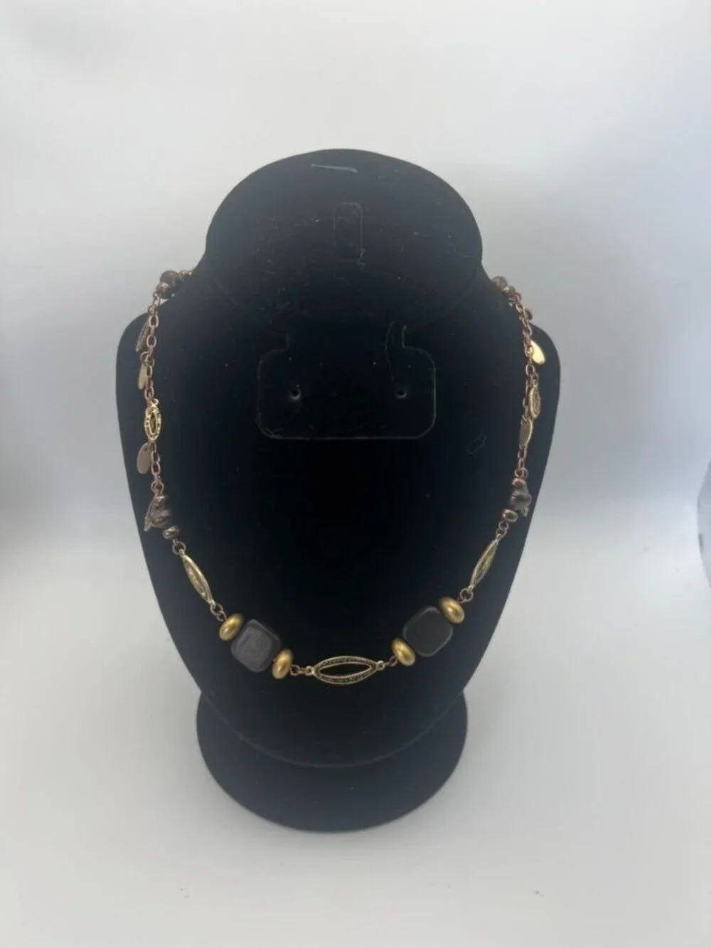 Vintage Coldwater Creek Necklace Wood Bead Brass Filigree Leaf Charm